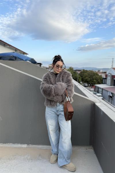 Premium Kalite Kapüşonlu Kürk Füme