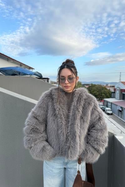 Premium Kalite Kapüşonlu Kürk Füme