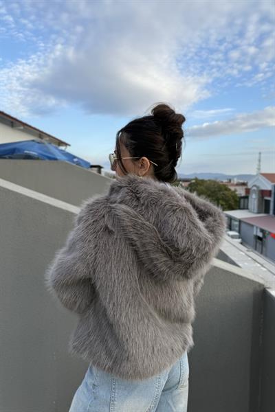 Premium Kalite Kapüşonlu Kürk Füme