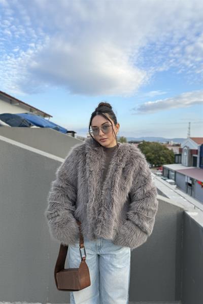 Premium Kalite Kapüşonlu Kürk Füme