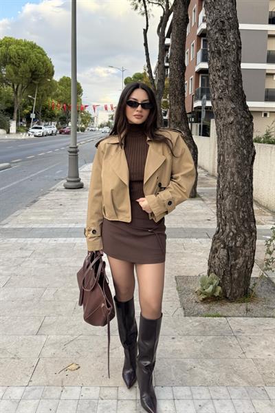 Premium Kalite Vatkalı Camel Trenç Ceket