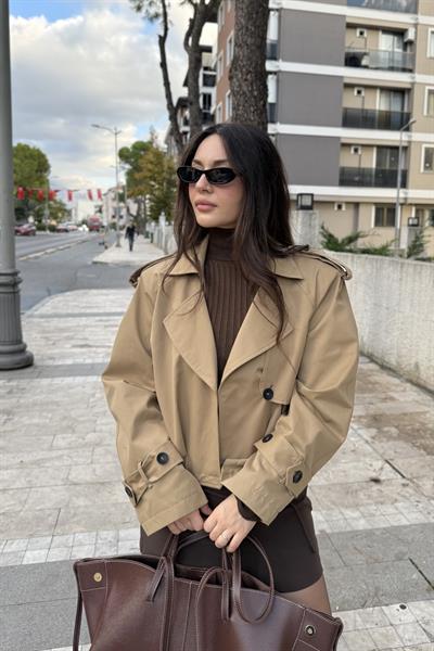 Premium Kalite Vatkalı Camel Trenç Ceket