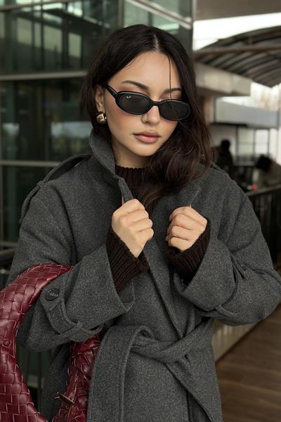 Premium Kaşe Apoletli Füme Uzun Kaban