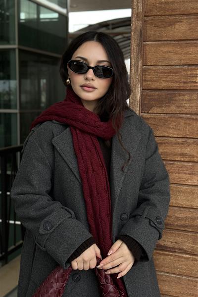 Premium Kaşe Apoletli Füme Uzun Kaban