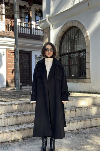 Premium Kaşe Trenç Kaban Siyah