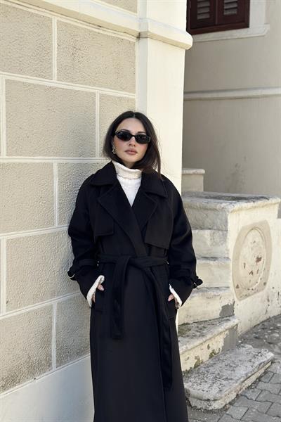 Premium Kaşe Trenç Kaban Siyah