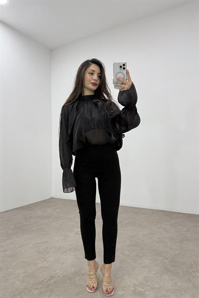 Premium Kaşın Tok Çelik Kumaş Taşlı Siyah Tayt Pantolon