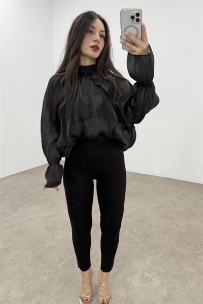 Premium Kaşın Tok Çelik Kumaş Taşlı Siyah Tayt Pantolon