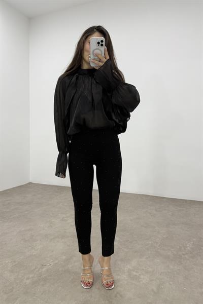 Premium Kaşın Tok Çelik Kumaş Taşlı Siyah Tayt Pantolon