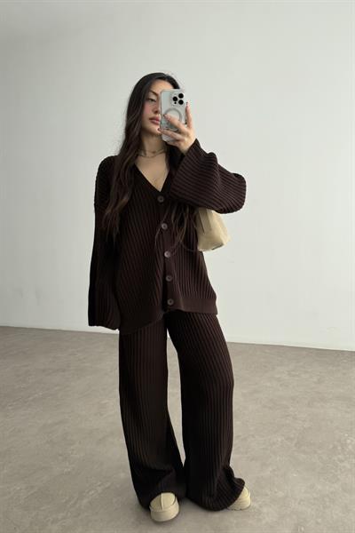 Premium Kaşkorse Hırka Pantolon Triko Acı Kahve Takım