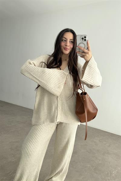 Premium Kaşkorse Hırka Pantolon Triko Ekru Takım
