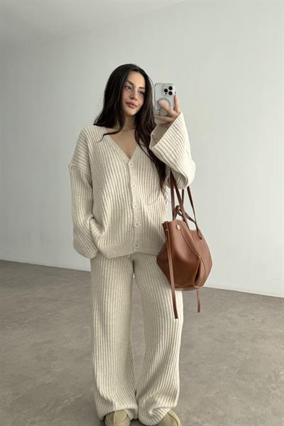 Premium Kaşkorse Hırka Pantolon Triko Ekru Takım