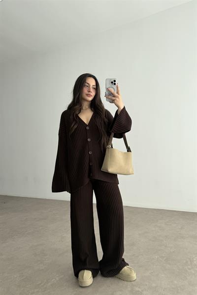 Premium Kaşkorse Hırka Pantolon Triko Acı Kahve Takım