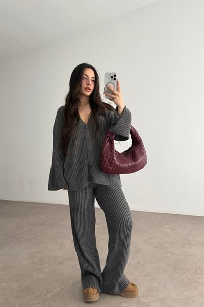 Premium Kaşkorse Hırka Pantolon Triko Füme Takım