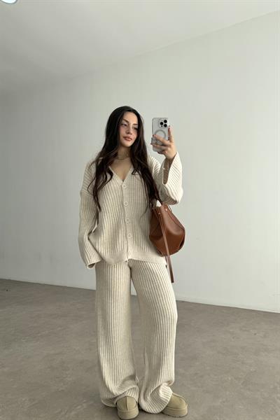 Premium Kaşkorse Hırka Pantolon Triko Ekru Takım