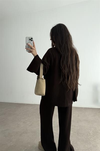 Premium Kaşkorse Hırka Pantolon Triko Acı Kahve Takım