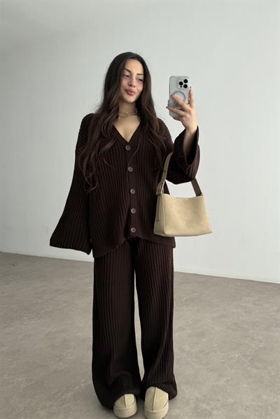 Premium Kaşkorse Hırka Pantolon Triko Acı Kahve Takım