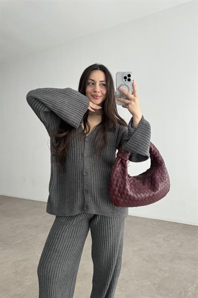 Premium Kaşkorse Hırka Pantolon Triko Füme Takım