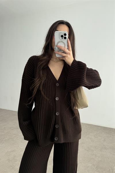 Premium Kaşkorse Hırka Pantolon Triko Acı Kahve Takım