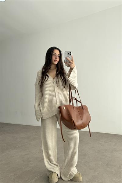 Premium Kaşkorse Hırka Pantolon Triko Ekru Takım