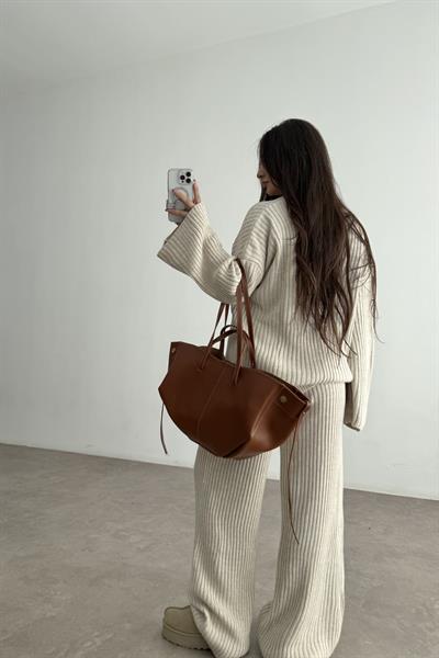 Premium Kaşkorse Hırka Pantolon Triko Ekru Takım