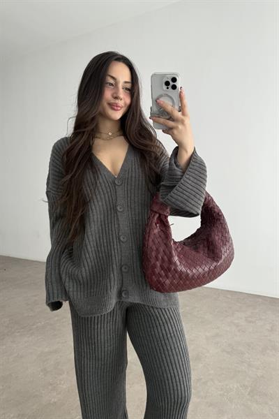 Premium Kaşkorse Hırka Pantolon Triko Füme Takım