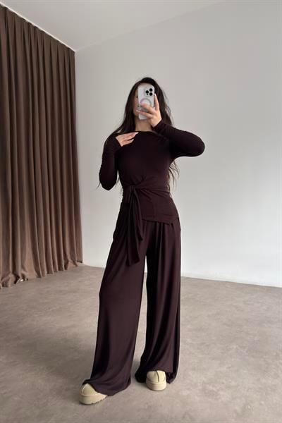 Premium Kaşmir Dokulu Bağlama Detaylı Kahve Takım