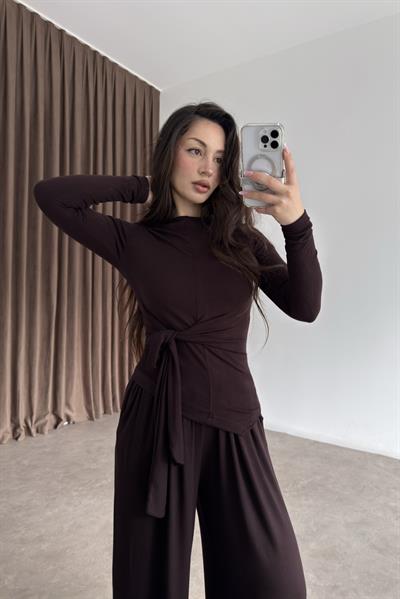 Premium Kaşmir Dokulu Bağlama Detaylı Kahve Takım