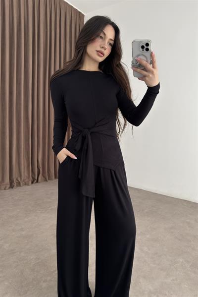 Premium Kaşmir Dokulu Bağlama Detaylı Siyah Takım