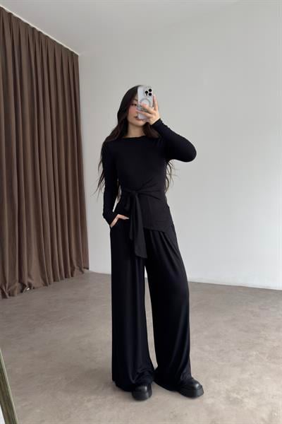 Premium Kaşmir Dokulu Bağlama Detaylı Siyah Takım