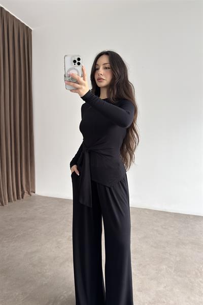 Premium Kaşmir Dokulu Bağlama Detaylı Siyah Takım