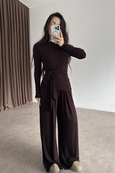 Premium Kaşmir Dokulu Bağlama Detaylı Kahve Takım