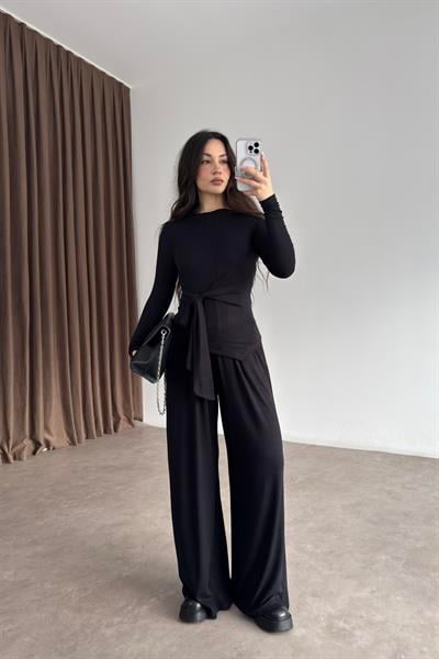 Premium Kaşmir Dokulu Bağlama Detaylı Siyah Takım