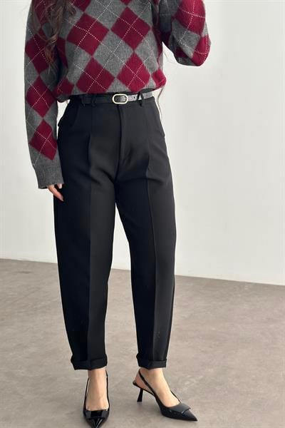 Premium Kemer Detaylı Crep Kumaş Havuç Pantolon Siyah