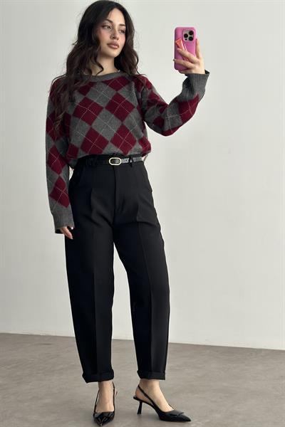 Premium Kemer Detaylı Crep Kumaş Havuç Pantolon Siyah