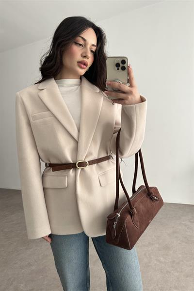 Premium Kemer Detaylı Dokulu Ekru Blazer Ceket