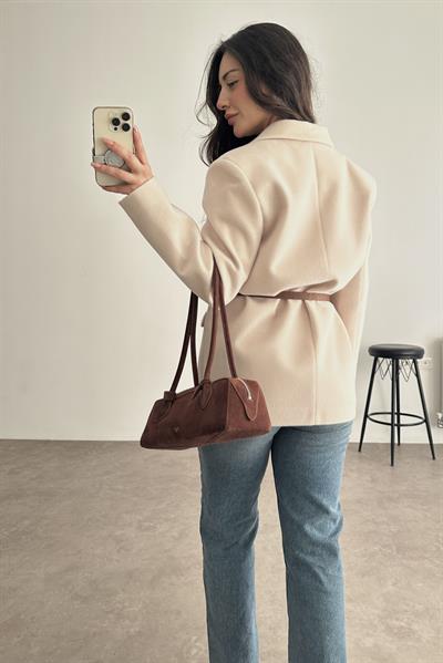 Premium Kemer Detaylı Dokulu Ekru Blazer Ceket