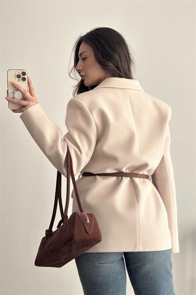 Premium Kemer Detaylı Dokulu Ekru Blazer Ceket