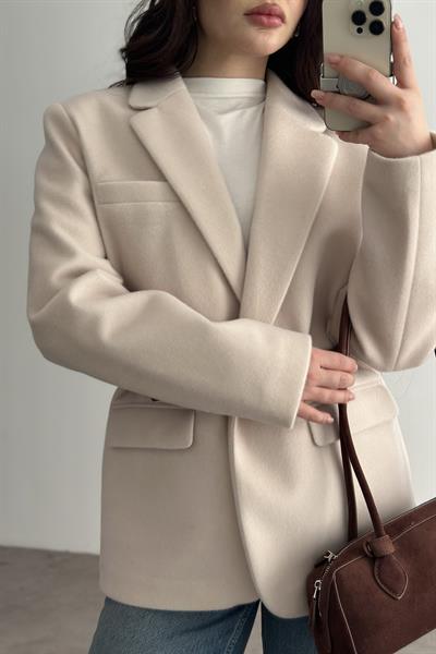 Premium Kemer Detaylı Dokulu Ekru Blazer Ceket