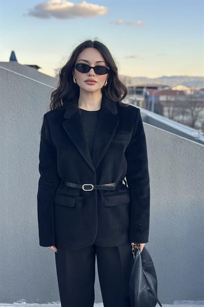 Premium Kemer Detaylı Dokulu Siyah Blazer Ceket