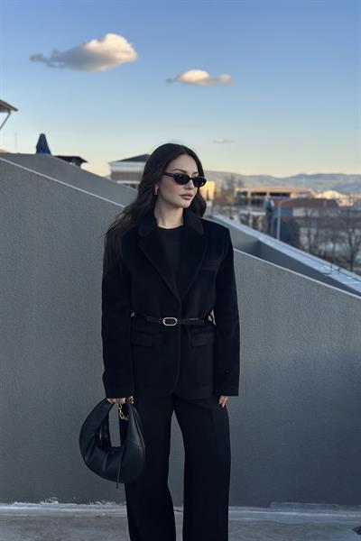 Premium Kemer Detaylı Dokulu Siyah Blazer Ceket