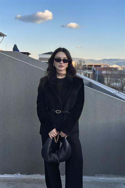 Premium Kemer Detaylı Dokulu Siyah Blazer Ceket