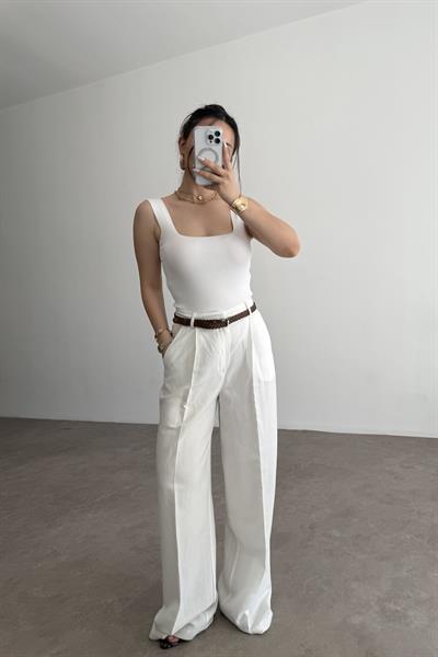Premium Kemerli Beyaz Keten Pantolon