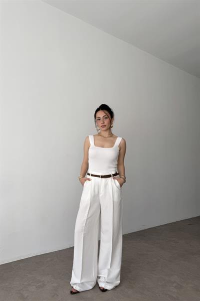 Premium Kemerli Beyaz Keten Pantolon