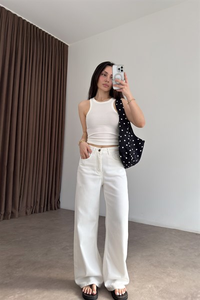 Premium Kemerli Ekru Straight Jean
