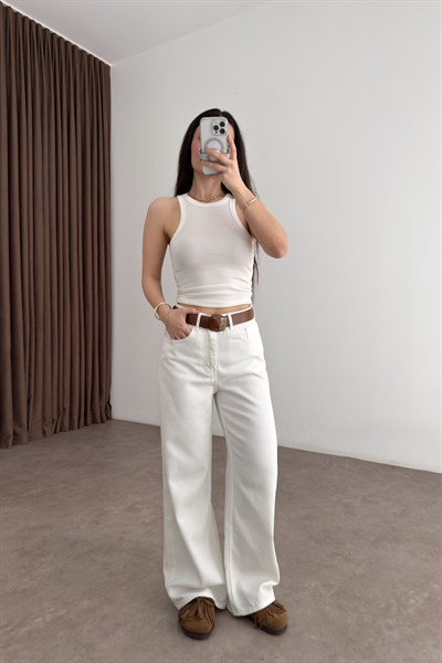 Premium Kemerli Ekru Straight Jean