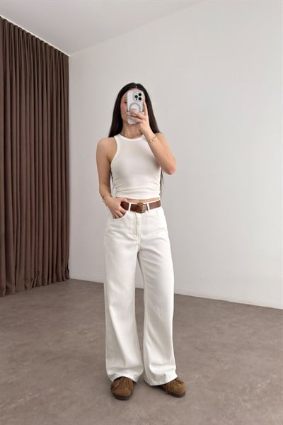Premium Kemerli Ekru Straight Jean