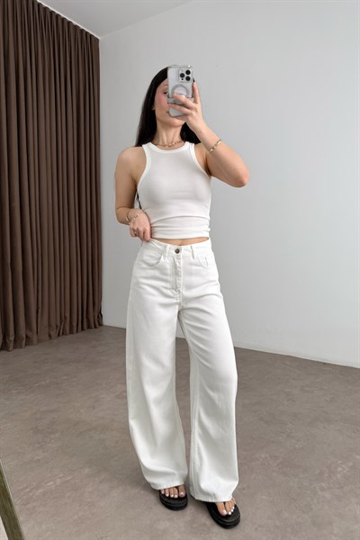 Premium Kemerli Ekru Straight Jean