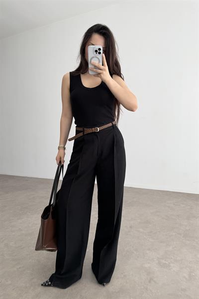 Premium Kemerli Siyah Keten Pantolon