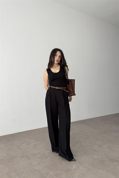 Premium Kemerli Siyah Keten Pantolon